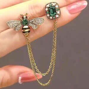 Bee Brooch Rhinestone Green Emerald Pin Pearl Gold Chain Double Pendant Stylish